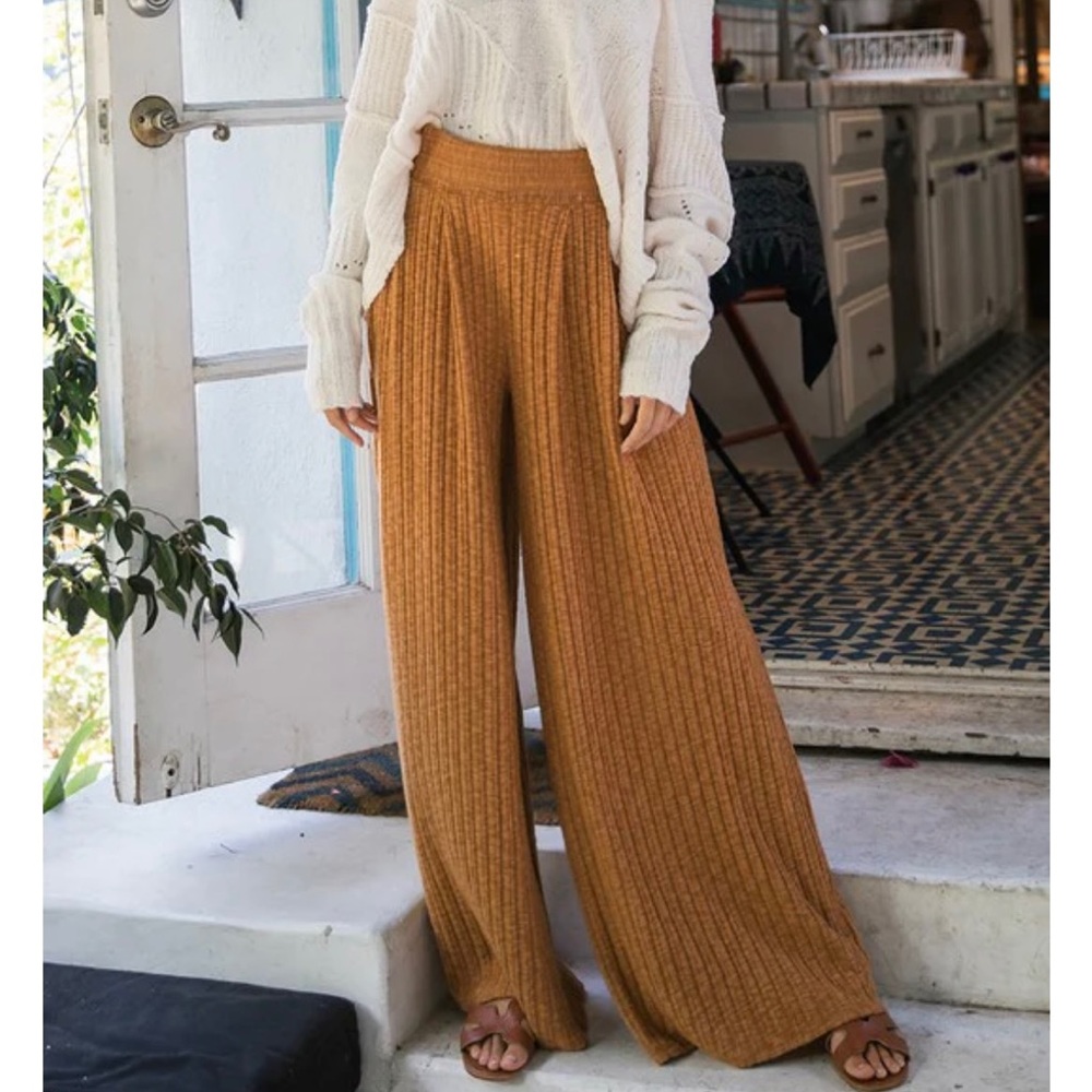 🌻RIBBED MUSTARD BOHO WIDE LEG COMFY PANTS🌻